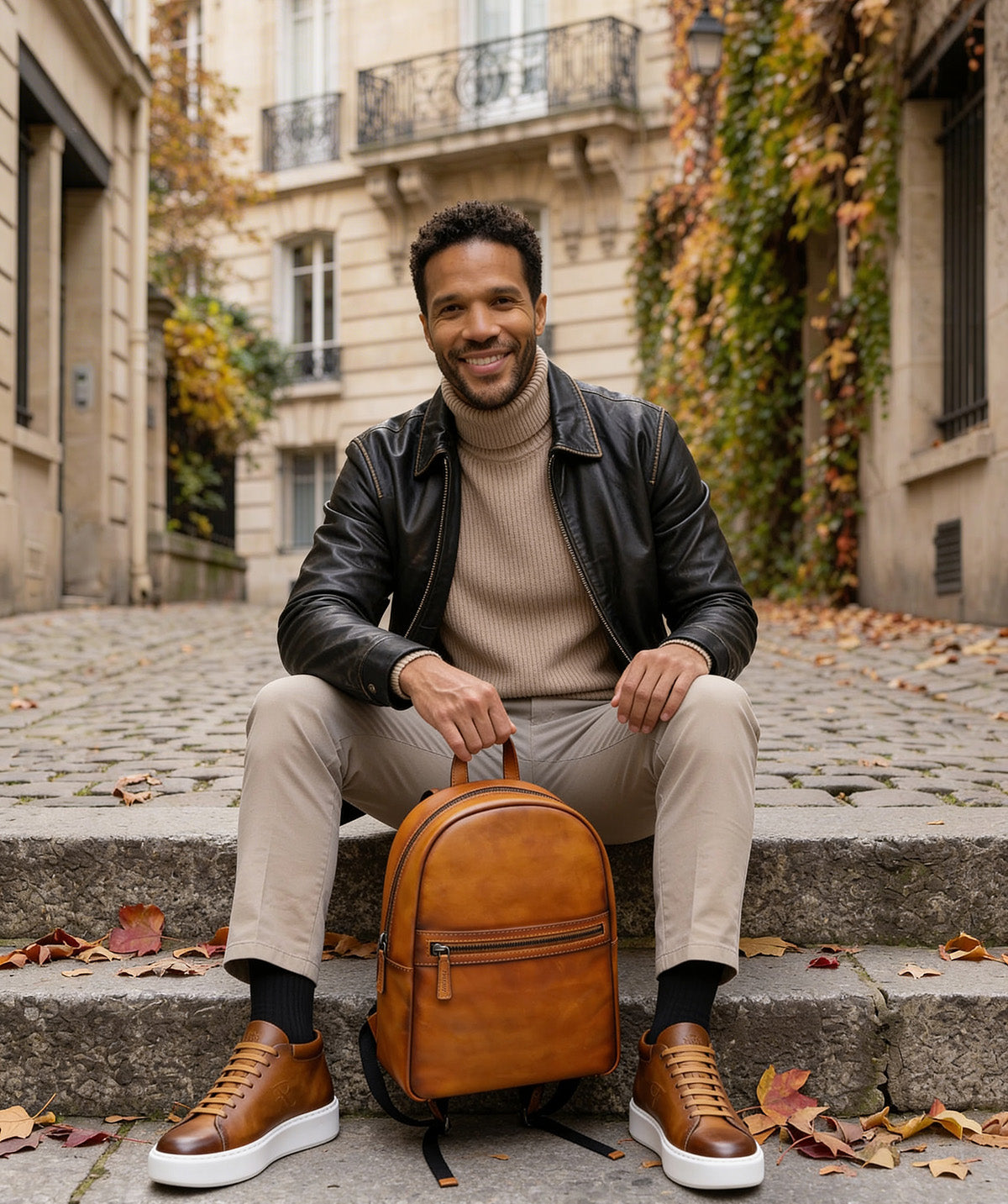 brown leather backpack with black shoes Patinated Gold Leather Backpack