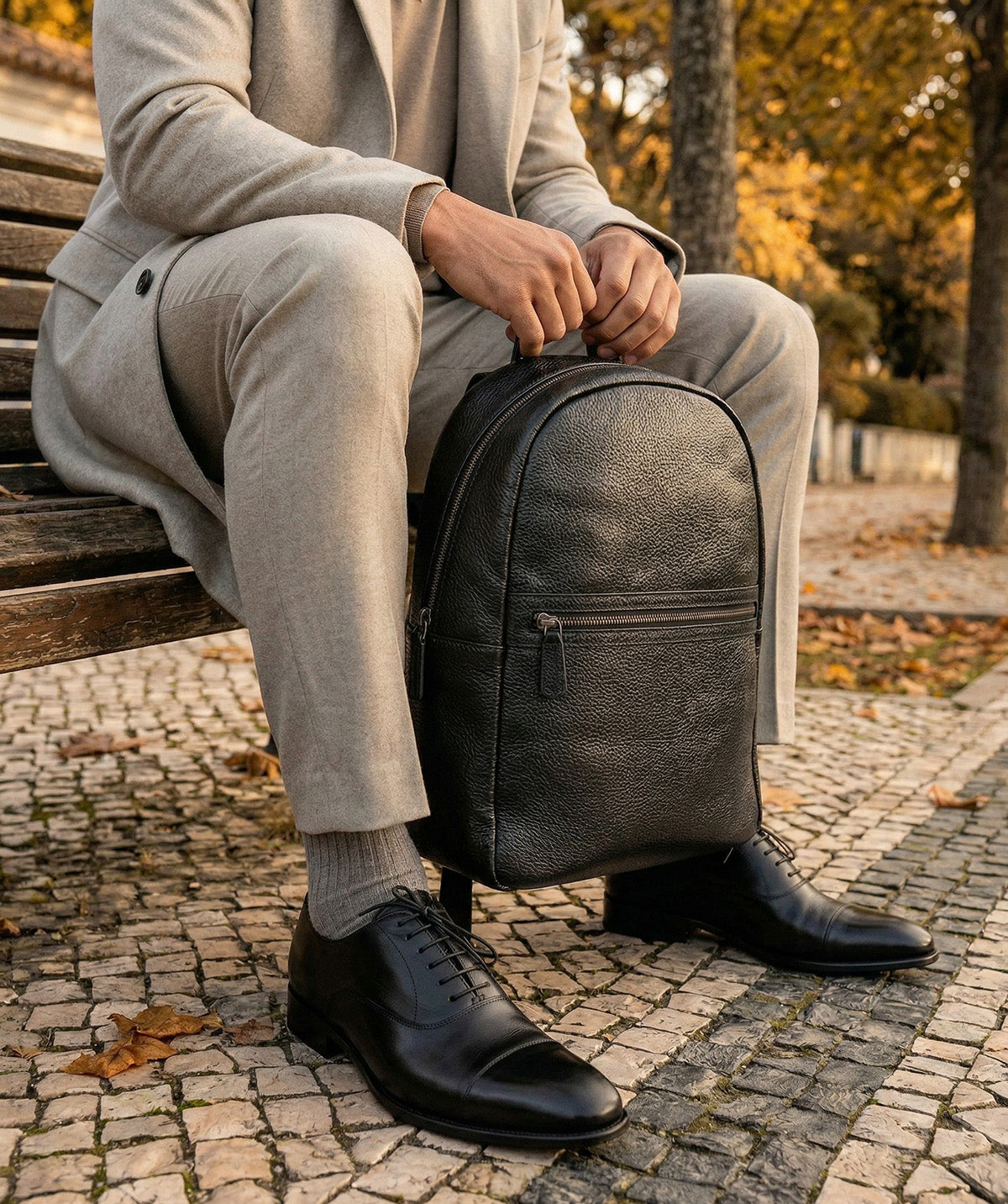 Grained Black Leather Backpack