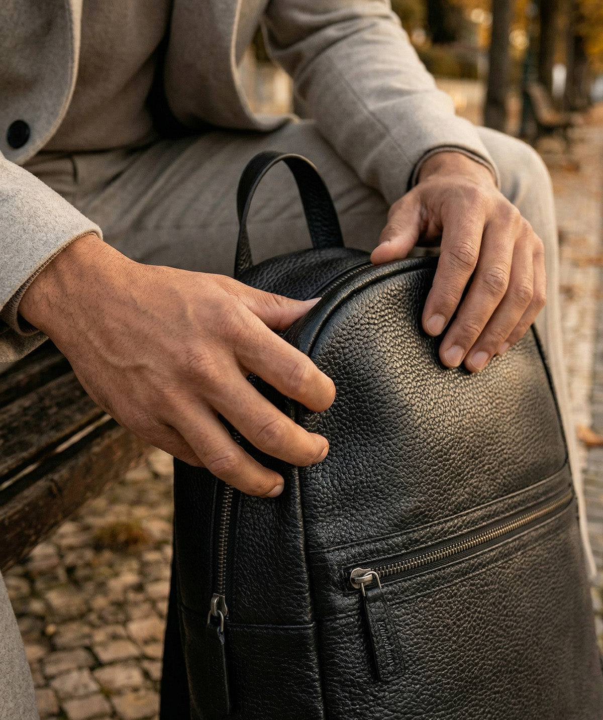 Grained Black Leather Backpack