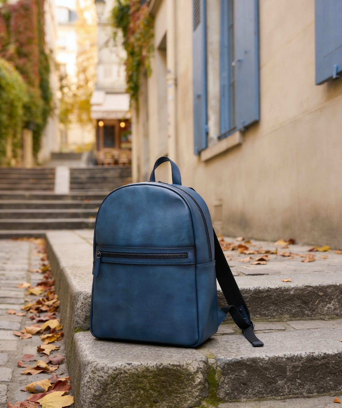 Patinated Blue Leather Backpack