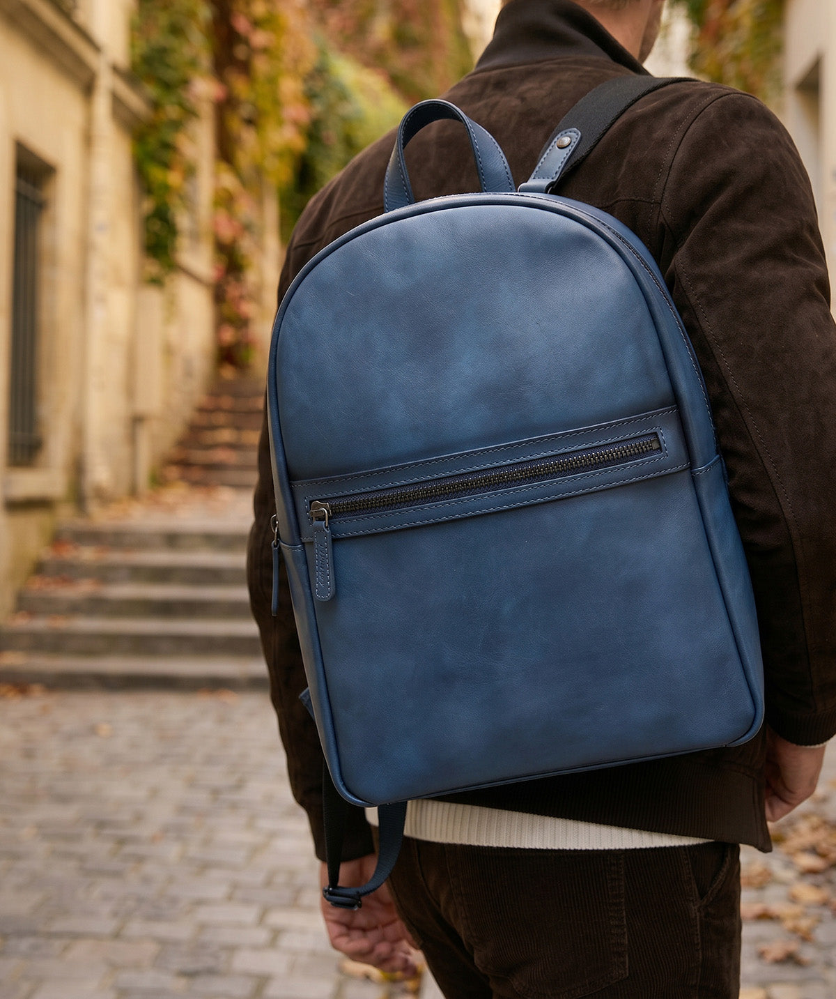 Patinated Blue Leather Backpack