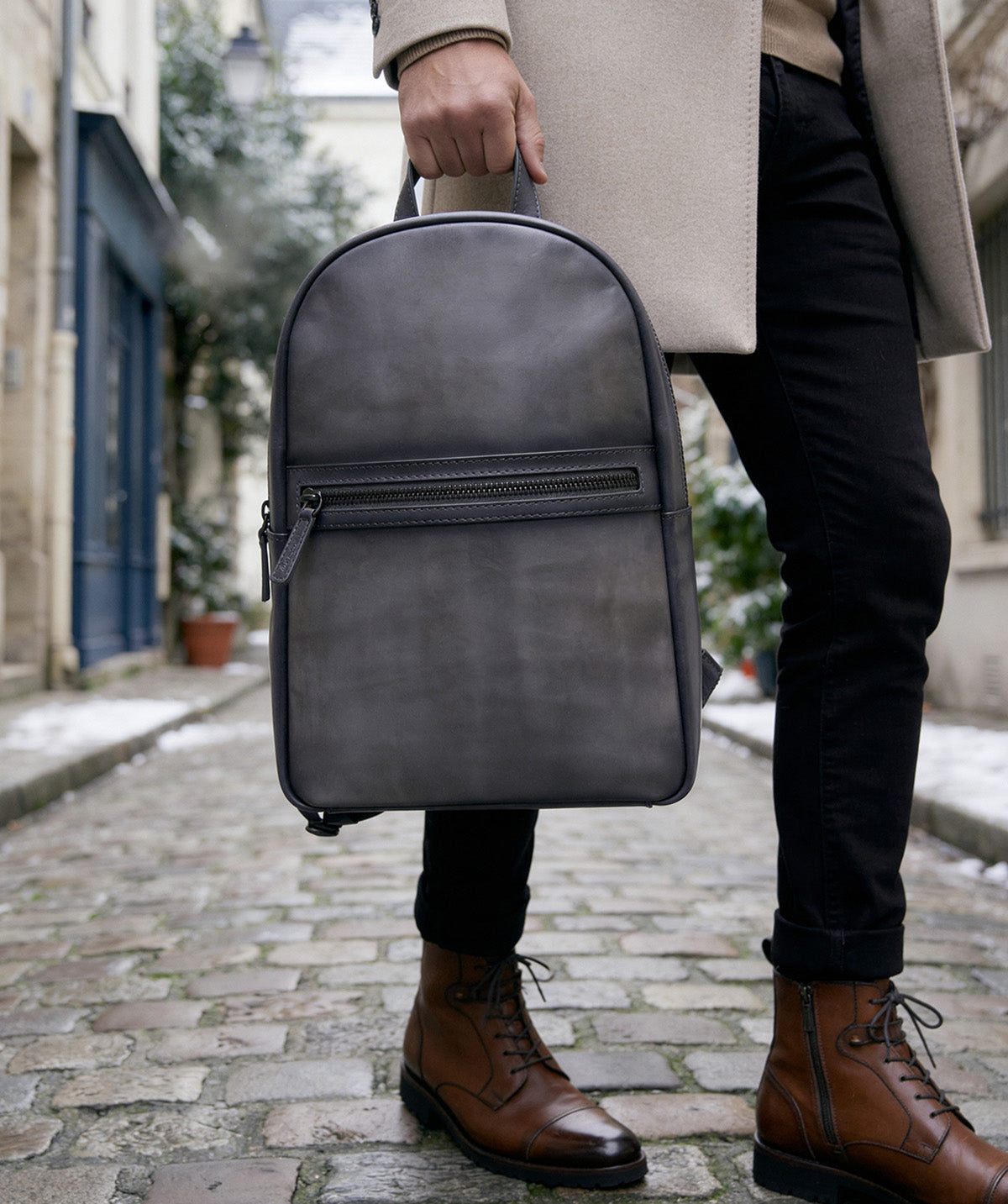 Patinated Grey Leather Backpack
