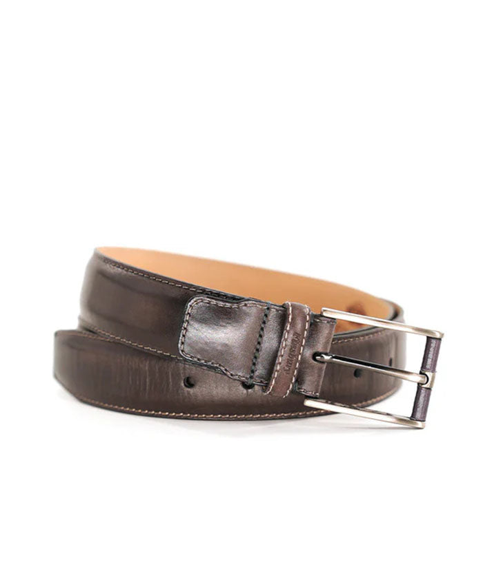 Ceinture Fine En Cuir Marron Et Bleu Brillant - Réglable Métal Argenté Vintage 80